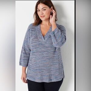 J Jill Easy Dropped Shoulder Sweater Blue Jasper Cotton V Neck 3/4 Sleeve
